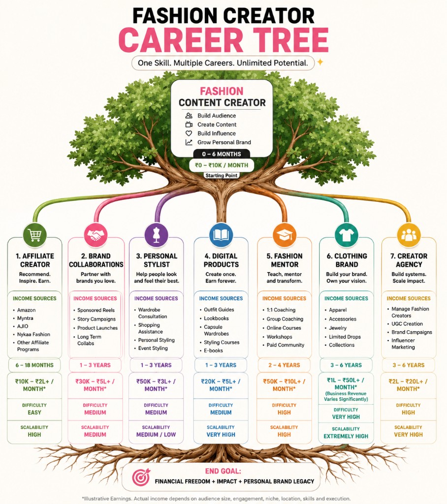 Fashion Creator Career progression chart showing income timelines from content creator through affiliate, brand deals, digital products, mentoring, clothing brand, and agency paths