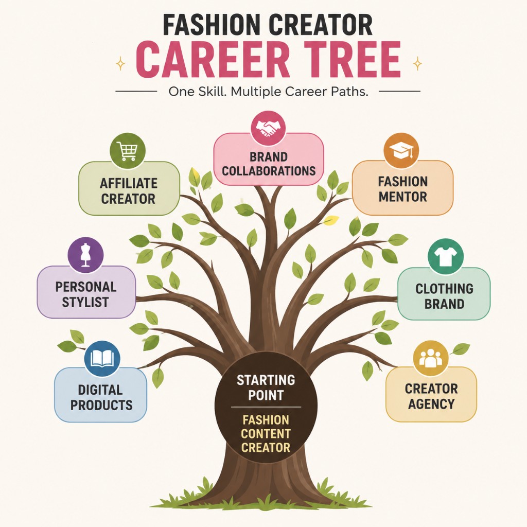 Fashion Creator Career Tree infographic showing seven career paths branching from fashion content creator
